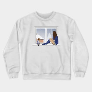 Girl and beagle dog sitting on the window. Crewneck Sweatshirt